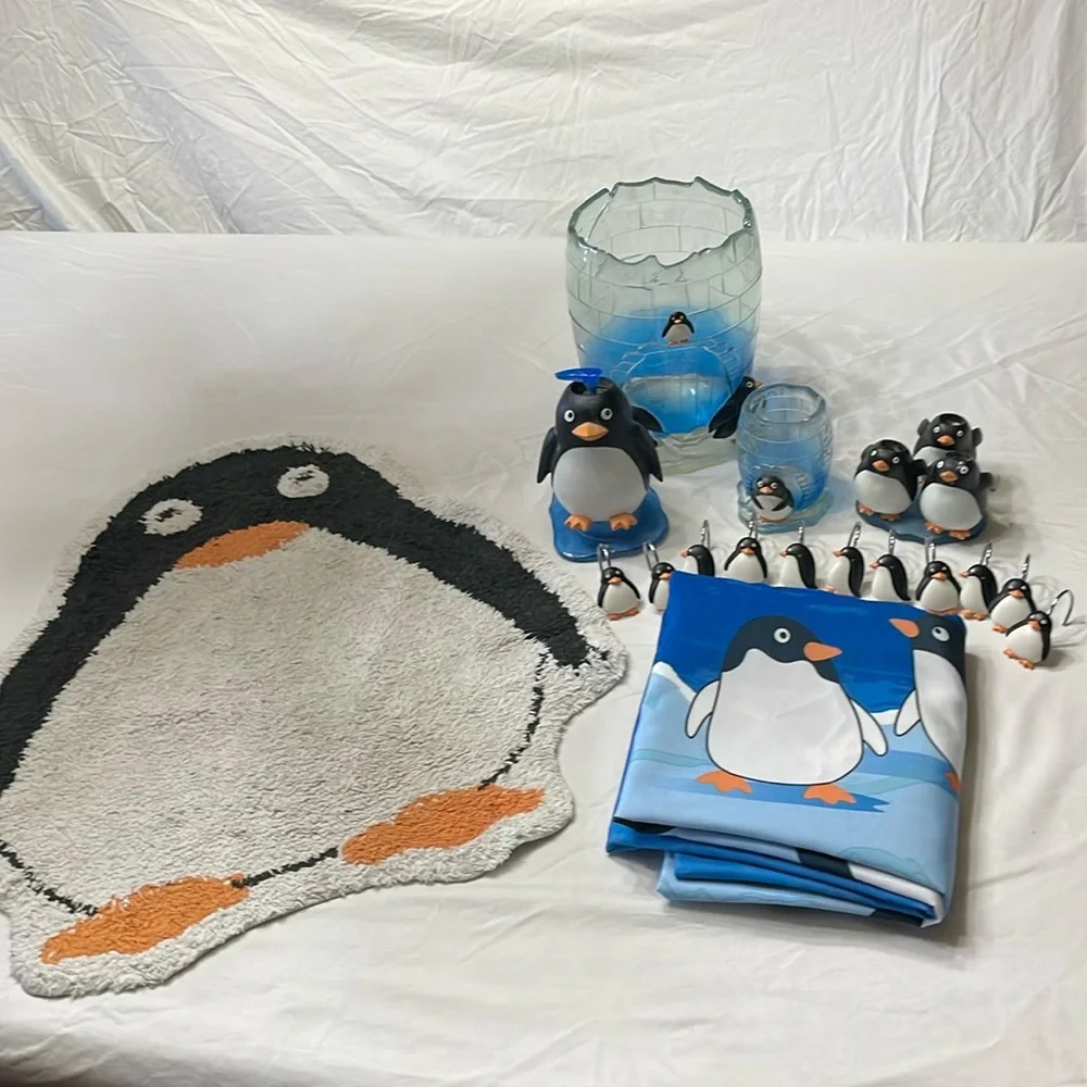 Penguins Bathroom Shower Curtain with Matching accessories set of 7